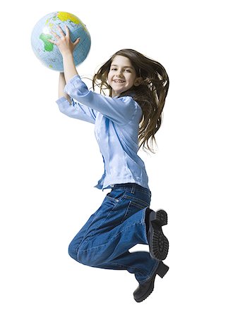 simsearch:640-01350652,k - Portrait of a teenage girl jumping holding a globe Foto de stock - Sin royalties Premium, Código: 640-01366320