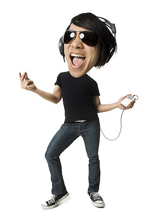 funny cartoon face - Man listening to MP3 player Stock Photo - Premium Royalty-Free, Code: 640-01360134