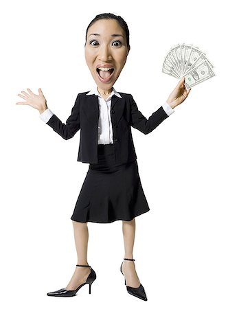 excited women holding money - Caricature of businesswoman with US currency Stock Photo - Premium Royalty-Free, Code: 640-01363915