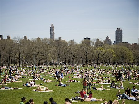 Crowd of people on grass with city skyline and blue sky Foto de stock - Sin royalties Premium, Código: 640-02775023