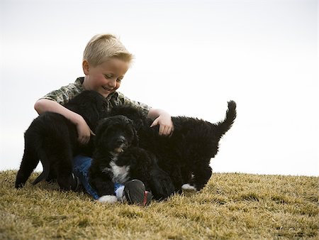 simsearch:640-01355830,k - Garçon avec des chiots à l'extérieur Photographie de stock - Premium Libres de Droits, Code: 640-02773570