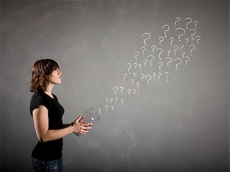 people illustration photo - woman with a jar full of question marks Stock Photo - Premium Royalty-Free, Code: 640-02951841