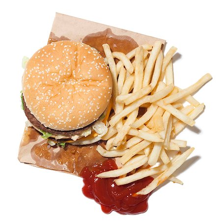 french fry top view nobody - French fries and hamburger, studio shot Stock Photo - Premium Royalty-Free, Code: 640-03256570