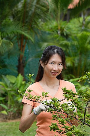 simsearch:656-01765227,k - Woman in garden, pruning plant, smiling at camera Fotografie stock - Premium Royalty-Free, Codice: 656-01765228