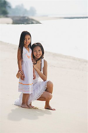 simsearch:656-01765470,k - Mother and daughter on beach wearing white dresses, portrait Foto de stock - Sin royalties Premium, Código: 656-01765608
