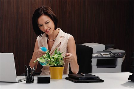 A woman tends to a pot plant on her desk Stock Photo - Premium Royalty-Free, Code: 656-01766255