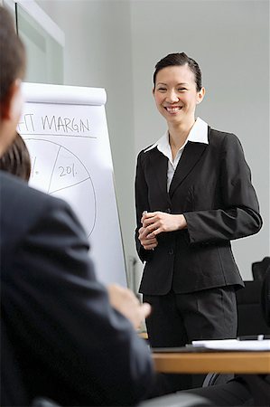 simsearch:628-02954142,k - Businesswoman standing next to flipchart, smiling at colleagues Fotografie stock - Premium Royalty-Free, Codice: 656-01770875