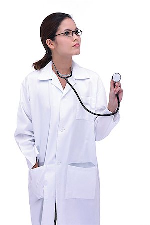 simsearch:656-01772656,k - Female doctor in lab coat, holding stethoscope, looking away Stock Photo - Premium Royalty-Free, Code: 656-01773810