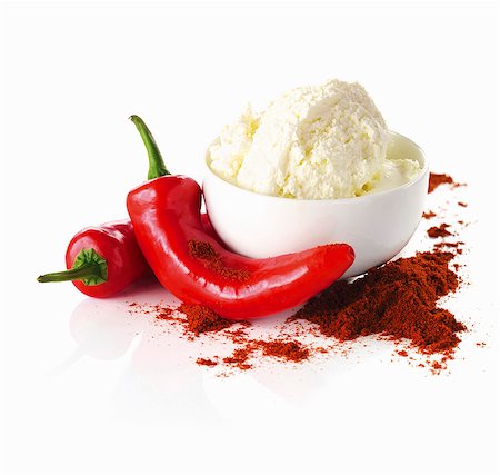 Cottage cheese, red chili peppers and chili powder Stock Photo - Premium Royalty-Free, Code: 659-06154529