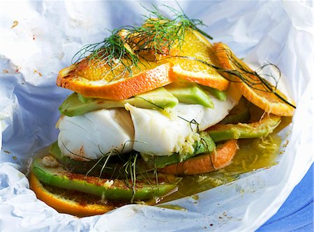 fish recipe - Cod with orange baked in foil Stock Photo - Premium Royalty-Free, Code: 659-06151636