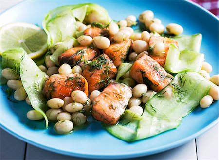 simsearch:659-07610227,k - Marinated salmon with cucumber and beans Stock Photo - Premium Royalty-Free, Code: 659-06151641