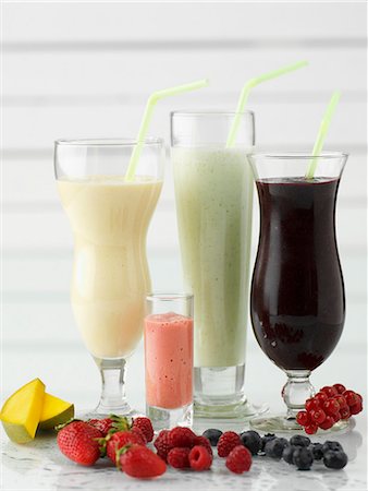 strawberry drink - Various smoothies and fresh fruit Stock Photo - Premium Royalty-Free, Code: 659-06152525