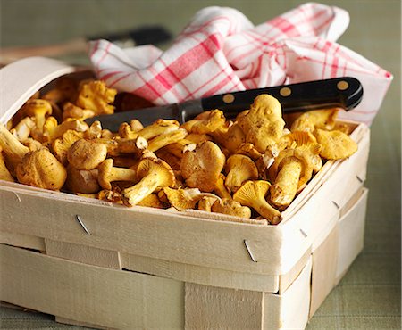 simsearch:659-06495488,k - Fresh chanterelle mushrooms in a wooden basket with a knife and a dish cloth Foto de stock - Sin royalties Premium, Código: 659-06152560