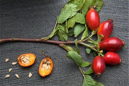 sprig - A sprig of rosehips and a halved rosehip Stock Photo - Premium Royalty-Free, Code: 659-06152599