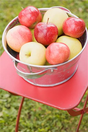 Pommes fraîches dans un bol en métal sur une table de jardin Photographie de stock - Premium Libres de Droits, Code: 659-06153022