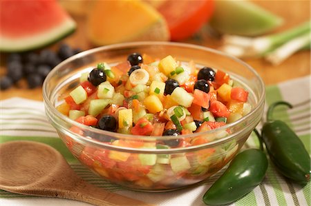 salsa - Bowl of Fruit Salad with Watermelon, Grape, Mango, Melon and Green Onion Stock Photo - Premium Royalty-Free, Code: 659-06153117