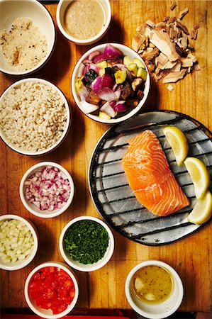 smoked salmon - Ingredients for Making Smoked Salmon with Sides Stock Photo - Premium Royalty-Free, Code: 659-06153964