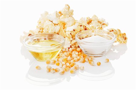 popcorn white background - Popcorn, corn seeds and ingredients Stock Photo - Premium Royalty-Free, Code: 659-06184157