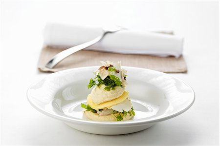 fish dish - Tower of celeriac and charr with chervil and button mushrooms Stock Photo - Premium Royalty-Free, Code: 659-06185092