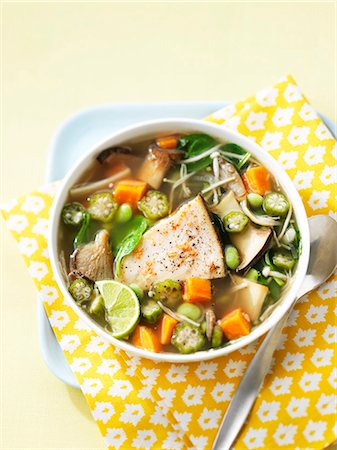 simsearch:659-07026899,k - Vegetable soup with mushrooms and grilled fish Stock Photo - Premium Royalty-Free, Code: 659-06186204