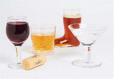 Mini Booze Glasses; Wine, Scotch, Beer, Vodka Martini; Wine Cork Stock Photo - Premium Royalty-Free, Code: 659-06186475