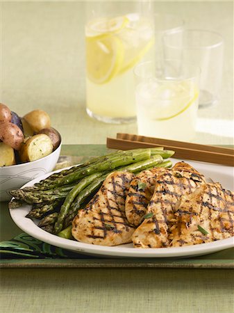 Grilled Chicken Breasts with Asparagus on a Serving Dish; Potatoes and Lemonade Stock Photo - Premium Royalty-Free, Code: 659-06186589