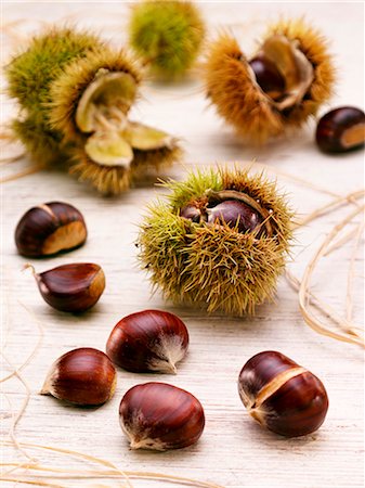 Sweet chestnuts, with and without prickly case Stock Photo - Premium Royalty-Free, Code: 659-06187615