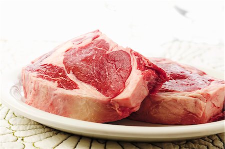 steak chunk - Two Raw Steaks on a White Plate Stock Photo - Premium Royalty-Free, Code: 659-06187770