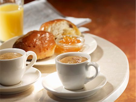 simsearch:659-03529865,k - Two cups of espresso with brioche, jam and orange juice Stock Photo - Premium Royalty-Free, Code: 659-06187930