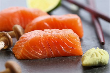 Salmon sashimi, wasabi and mushrooms Stock Photo - Premium Royalty-Free, Code: 659-06188539