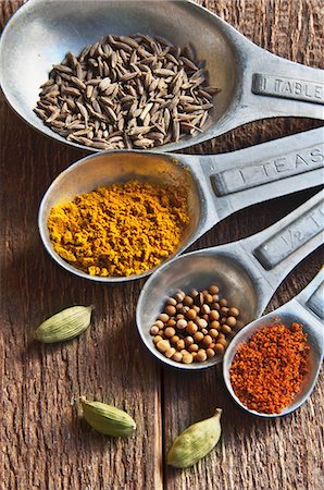 Un ensemble de cuillères avec le Cumin, le curcuma, graines de moutarde, poudre de Chili et cardamome Photographie de stock - Premium Libres de Droits, Code: 659-06307248