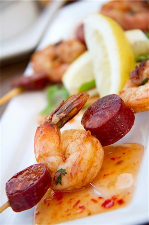 simsearch:659-06494482,k - Chorizo and Shrimp Skewer with Sweet and Sour Sauce Stock Photo - Premium Royalty-Free, Code: 659-06307431