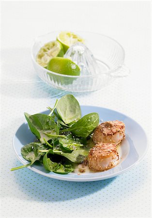 Scallops with spinach salad and sesame seeds Foto de stock - Royalty Free Premium, Número: 659-06373204