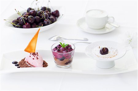 A trio of cherries, cherry ice cream, sorbet and vanilla foam Stock Photo - Premium Royalty-Free, Code: 659-06373287
