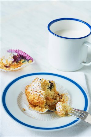 pastry on a plate - A blueberry muffin and a cup of milk Stock Photo - Premium Royalty-Free, Code: 659-06373439