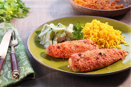 freshwater fish - Tandoori tilapia with rice and vegetables Stock Photo - Premium Royalty-Free, Code: 659-06373765