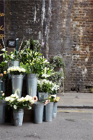 decor - A flower stall with zinc vases in front of an old brick wall Stock Photo - Premium Royalty-Free, Code: 659-06494325