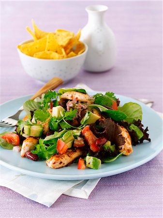 Spicy chicken salad with tortilla chips Photographie de stock - Premium Libres de Droits, Code: 659-06495229