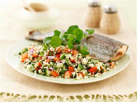 freshwater fish - Trout with tabbouleh and watercress Stock Photo - Premium Royalty-Free, Code: 659-06495255