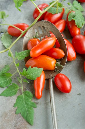 simsearch:659-07028413,k - Plum tomatoes with leaves and a draining spoon Photographie de stock - Premium Libres de Droits, Code: 659-06495599