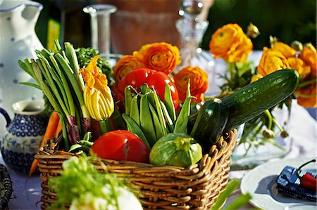 simsearch:659-01856135,k - A basket of freshly harvested summer vegetables on a table outside Photographie de stock - Premium Libres de Droits, Code: 659-06493729