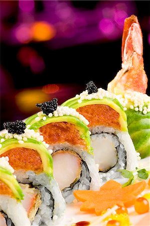 simsearch:659-08906096,k - Shrimp Tempura Sushi Roll with Spicy Tuna, Roe, and Avocado Stock Photo - Premium Royalty-Free, Code: 659-06670866