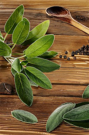 rustic wood - Sage leaves on a rustic wooden panel Stock Photo - Premium Royalty-Free, Code: 659-06671279