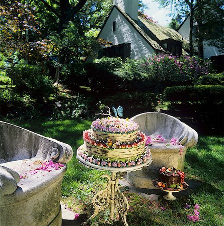 A Woodland Cake with Butterfly Decorations on a Small Outdoor Table Foto de stock - Sin royalties Premium, Código: 659-06671424