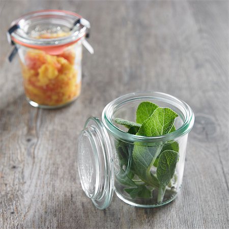 sage leaf - Organic Sage in a Jar; Jar of Organic Homemade Mango Salsa Stock Photo - Premium Royalty-Free, Code: 659-06901682