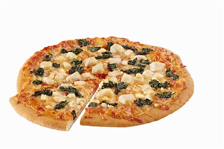 simsearch:659-06495018,k - Spinach and Feta Cheese Pizza Sliced Once on a White Background Foto de stock - Sin royalties Premium, Código: 659-06902908