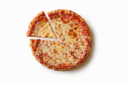 pizza not people - Plain Cheese Pizza with a Slice Removed; On a White Background From Above Stock Photo - Premium Royalty-Free, Code: 659-06902909