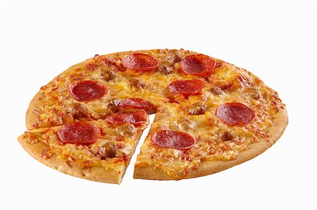 pizza piece - Pepperoni and Sausage Pizza with a Slice Partially Removed; White Background Stock Photo - Premium Royalty-Free, Code: 659-06902901