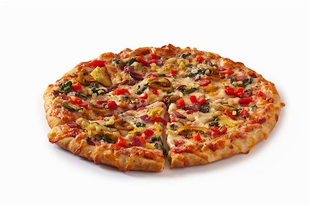 simsearch:659-06902609,k - Veggie Pizza Sliced Once on a White Background Photographie de stock - Premium Libres de Droits, Code: 659-06902916