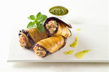 fruit vegetable dish - Aubergine rolls filled with tuna Stock Photo - Premium Royalty-Free, Code: 659-07027452